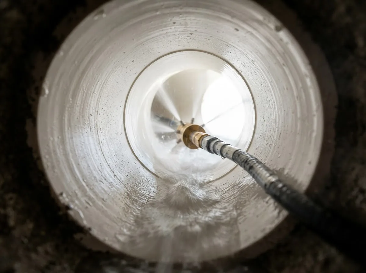 Jetting hose and nozzle inside a clean drain pipe